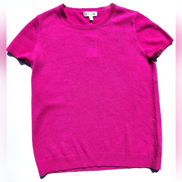 NWT Neiman Marcus Fuschia Cashmere Short Sleeve Sweater-Womens Large - Picture 2 of 6